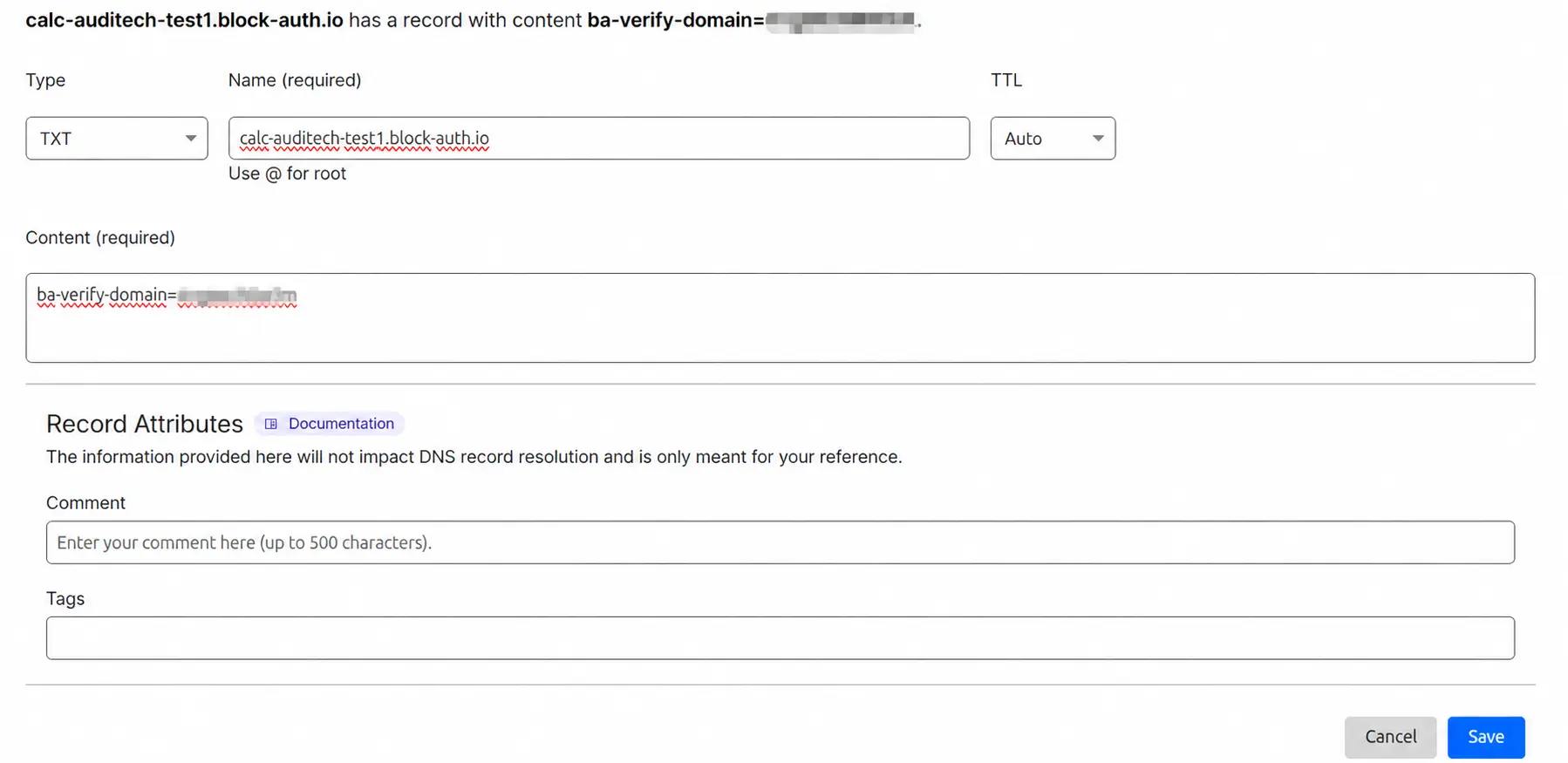 Cloudflare TXT record values example